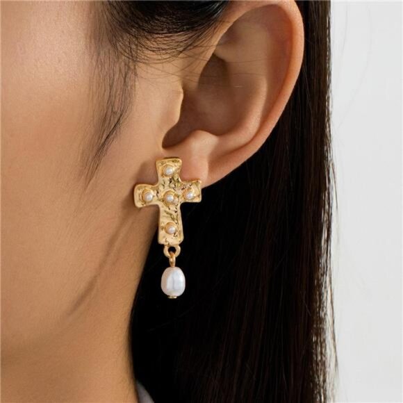 18K Gold-Plated Synthetic Pearl Cross Drop Earrings - Picture 1 of 5